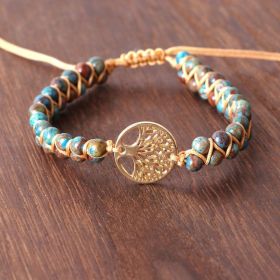 Bead Tree Charm Double String Braided Yoga Bracelet (Color: Blue stone gold)